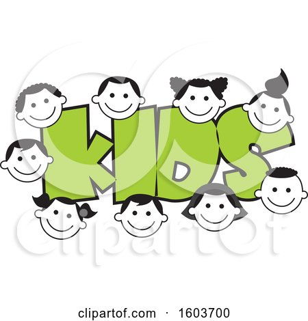 Clipart of the Word Kids in Green Surrounded by Faces of Children - Royalty Free Vector Illustration by Johnny Sajem