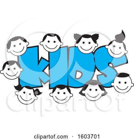 Clipart of the Word Kids in Blue Surrounded by Faces of Children - Royalty Free Vector Illustration by Johnny Sajem
