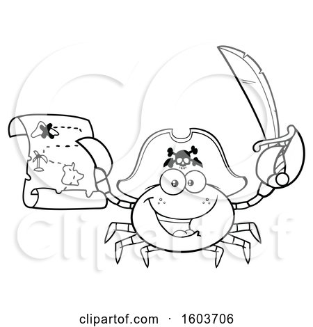 Clipart of a Lineart Happy Pirate Captain Crab Mascot Character Holding a Sword and Treasure Map - Royalty Free Vector Illustration by Hit Toon