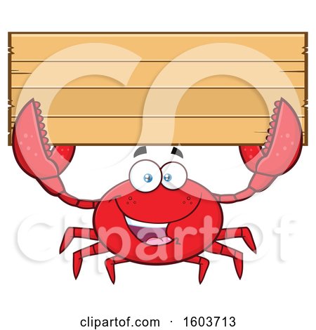 Clipart of a Happy Crab Mascot Character Holding up a Blank Wood Sign - Royalty Free Vector Illustration by Hit Toon