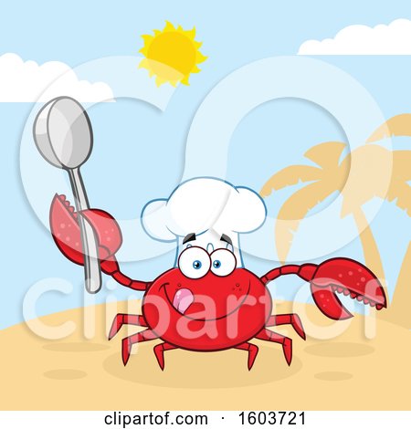 Clipart of a Happy Crab Chef Mascot Character Holding a Spoon on a Beach - Royalty Free Vector Illustration by Hit Toon