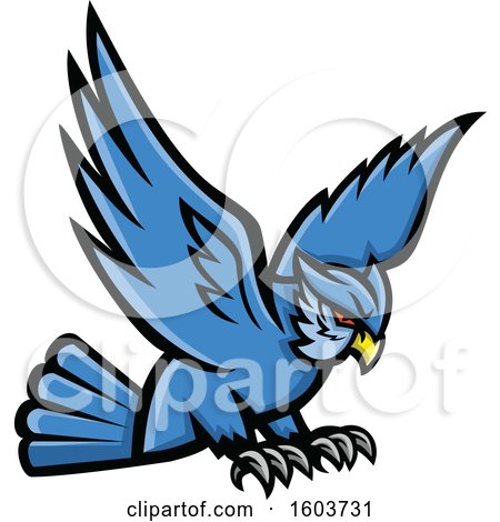 Clipart of a Swooping Blue Great Horned Owl Mascot - Royalty Free Vector Illustration by patrimonio