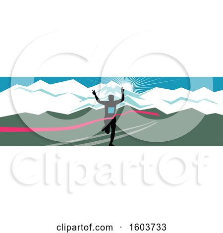Clipart of a Silhouetted Male Marathon Runner Breaking Through the Finish Line Against a Snow Capped Mountainous Sunset - Royalty Free Vector Illustration by patrimonio