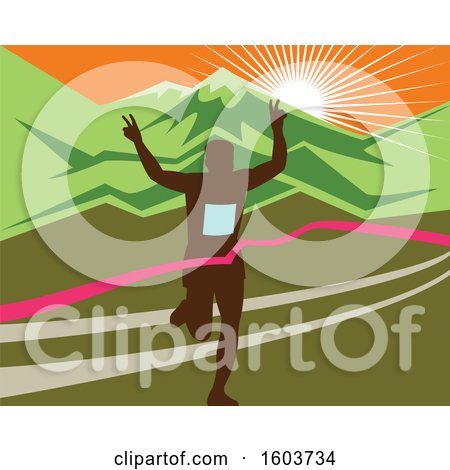 Clipart of a Silhouetted Male Marathon Runner Breaking Through the Finish Line Against a Mountainous Sunset - Royalty Free Vector Illustration by patrimonio