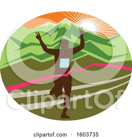 Clipart of a Silhouetted Male Marathon Runner Breaking Through the Finish Line in an Oval Against a Mountainous Sunset - Royalty Free Vector Illustration by patrimonio
