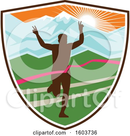 Clipart of a Silhouetted Male Marathon Runner Breaking Through the Finish Line in a Shield Against a Snow Capped Mountainous Sunset - Royalty Free Vector Illustration by patrimonio