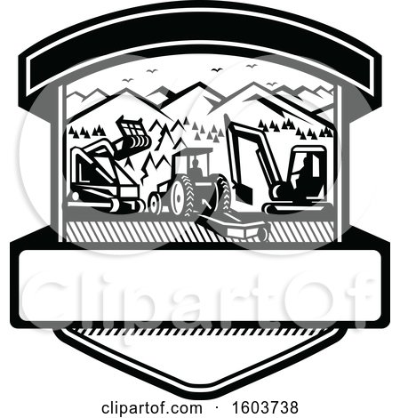 Clipart of a Shield with Heavy Equipment Used in Tree Mulching Bush Hogging and Excavation Services in Black and White - Royalty Free Vector Illustration by patrimonio