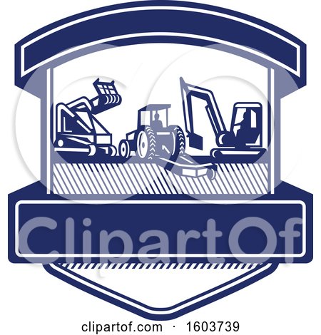Clipart of a Shield with Heavy Equipment Used in Tree Mulching Bush Hogging and Excavation Services in Blue and White - Royalty Free Vector Illustration by patrimonio