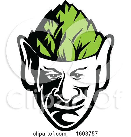 Clipart of a Black and White Elf Face Wearing a Green Hops Hat - Royalty Free Vector Illustration by patrimonio