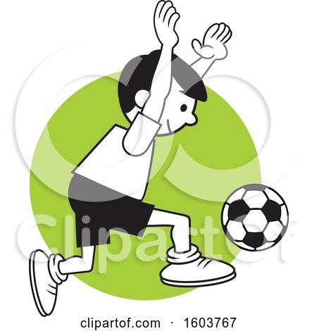 Clipart of a Boy Playing Soccer over a Green Circle - Royalty Free Vector Illustration by Johnny Sajem