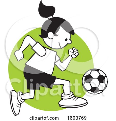 Clipart of a Boy Playing Soccer over a Green Circle - Royalty Free Vector Illustration by Johnny Sajem