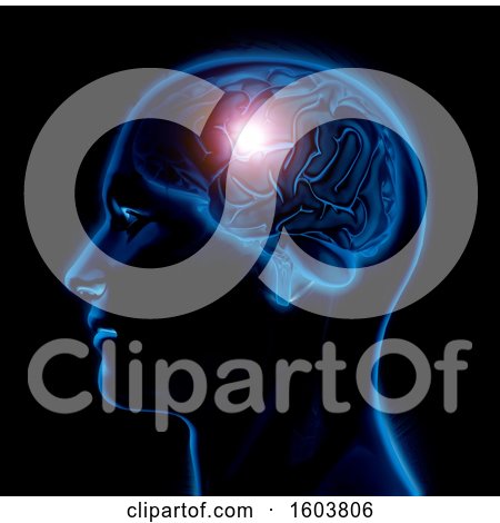 Clipart of a 3D Render of a Male Medical Figure with Brain Highlighted on a Black Background - Royalty Free Illustration by KJ Pargeter