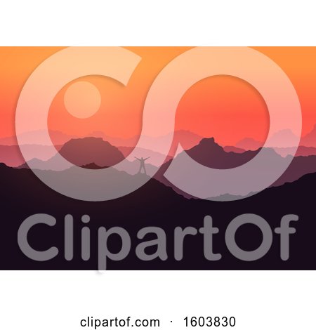 Clipart of a Silhouetted Man on a Mountain Top Against a Sunset - Royalty Free Vector Illustration by KJ Pargeter