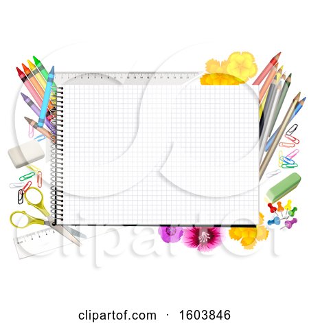 Clipart of a Spiral Notebook of Graph Paper with Colored Pencils Crayons and Supplies - Royalty Free Vector Illustration by dero
