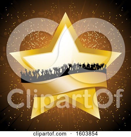 Clipart of a Golden Star and Banner with a Silhouetted Crowd over a Burst - Royalty Free Vector Illustration by elaineitalia