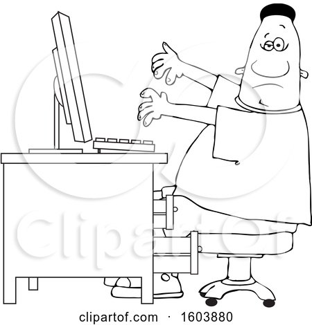 Clipart of a Cartoon Lineart Black Man Working at a Computer Desk - Royalty Free Vector Illustration by djart