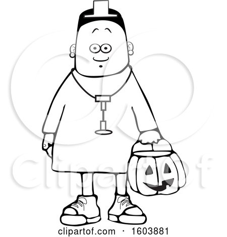 Clipart of a Cartoon Lineart Black Girl Wearing Halloween Nurse Costume While Trick or Treating - Royalty Free Vector Illustration by djart