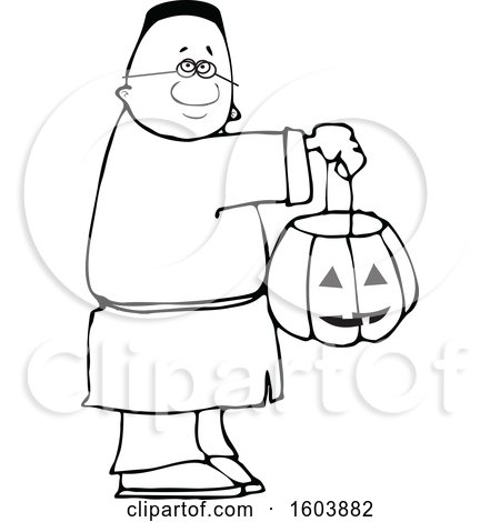 Clipart of a Cartoon Lineart Black Boy Holding a Halloween Candy Bucket and Trick or Treating - Royalty Free Vector Illustration by djart