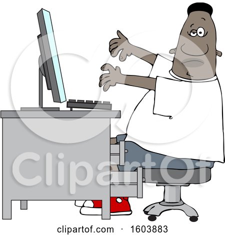 Clipart of a Cartoon Black Man Working at a Computer Desk - Royalty Free Vector Illustration by djart