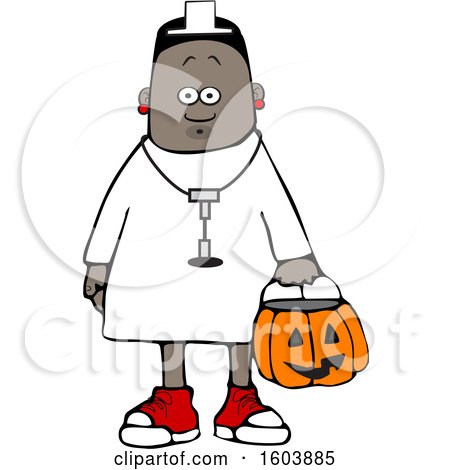 Clipart of a Cartoon Black Girl Wearing Halloween Nurse Costume While Trick or Treating - Royalty Free Vector Illustration by djart