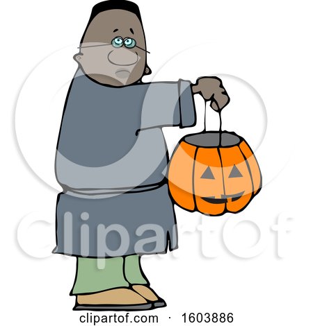 Clipart of a Cartoon Black Boy Holding a Halloween Candy Bucket and Trick or Treating - Royalty Free Vector Illustration by djart