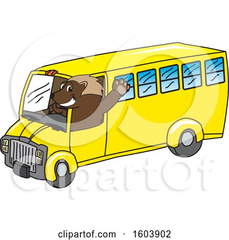 Clipart of a Wolverine School Mascot Character Driving a School Bus - Royalty Free Vector Illustration by Mascot Junction