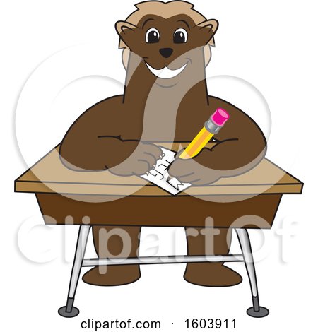 Clipart of a Wolverine School Mascot Character Writing at a Desk - Royalty Free Vector Illustration by Mascot Junction