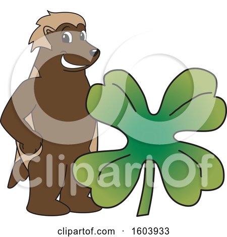 Clipart of a Wolverine School Mascot Character with a St Patricks Day Clover - Royalty Free Vector Illustration by Mascot Junction