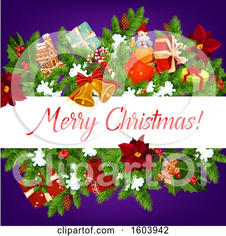 Clipart of a Merry Christmas Greeting on Purple - Royalty Free Vector Illustration by Vector Tradition SM