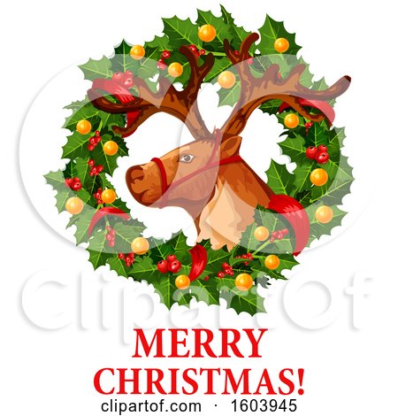 Clipart of a Merry Christmas Greeting with a Wreath and a Reindeer - Royalty Free Vector Illustration by Vector Tradition SM