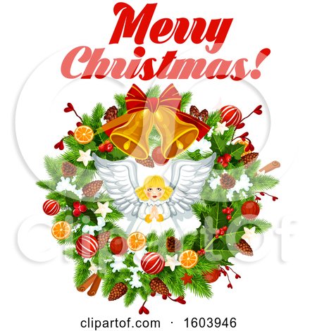 Clipart of a Merry Christmas Greeting with an Angel and Wreath - Royalty Free Vector Illustration by Vector Tradition SM