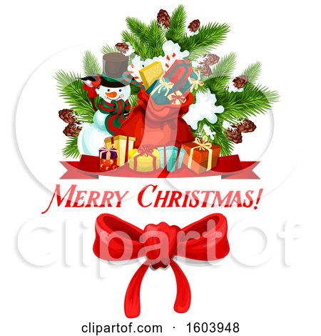 Clipart of a Merry Christmas Greeting with a Bow and Items - Royalty Free Vector Illustration by Vector Tradition SM