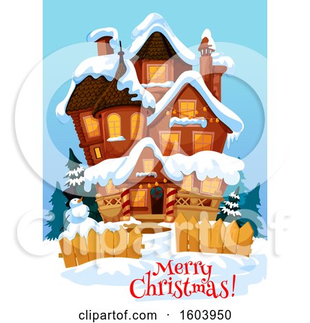 Clipart of a Merry Christmas Greeting and House in the Snow - Royalty Free Vector Illustration by Vector Tradition SM
