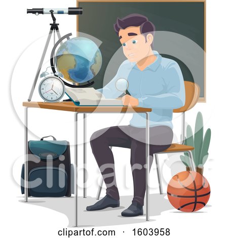 Clipart of a Male High School Student Reading at a Desk - Royalty Free Vector Illustration by Vector Tradition SM