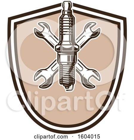 Clipart of a Brown Automotive Shield with a Spark Plug and Wrenches - Royalty Free Vector Illustration by Vector Tradition SM