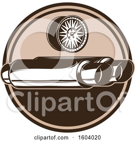Clipart of a Brown Automotive Shield with a Rim and Exhaust - Royalty Free Vector Illustration by Vector Tradition SM