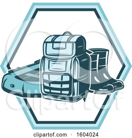 Clipart of a Fishing Design with a Raft Backpack and Boots - Royalty Free Vector Illustration by Vector Tradition SM