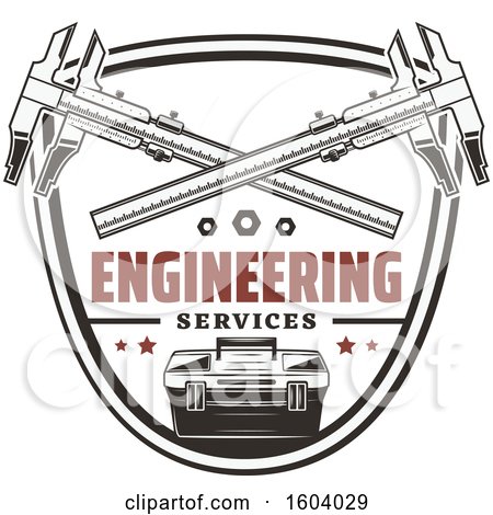 Clipart of a Shield with Engineering Services Text and Tools - Royalty Free Vector Illustration by Vector Tradition SM
