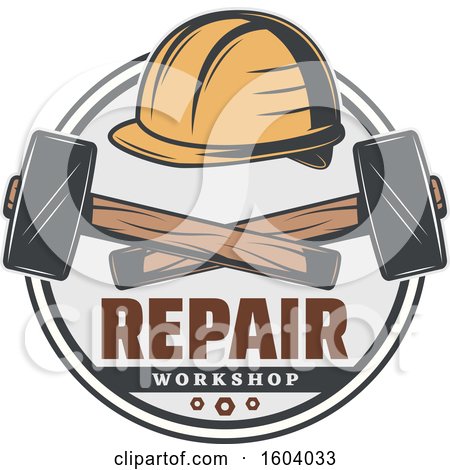 Clipart of a Repair Workshop Design with a Helmet and Rubber Mallets - Royalty Free Vector Illustration by Vector Tradition SM