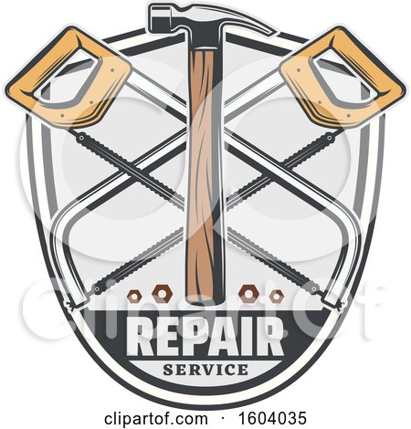 Clipart of a Repair Service Design with a Hammer and Saws - Royalty Free Vector Illustration by Vector Tradition SM