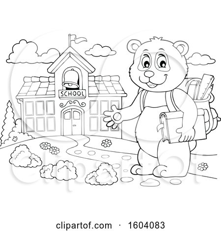 Clipart of a Lineart Student Panda by a School - Royalty Free Vector Illustration by visekart