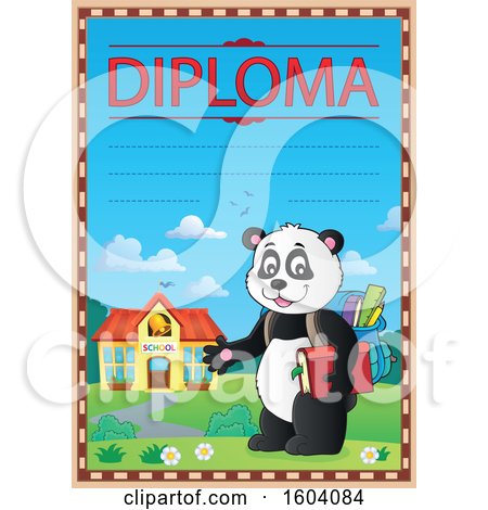 Clipart of a Diploma Certificate of a Student Panda by a School - Royalty Free Vector Illustration by visekart