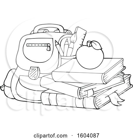 Clipart of a Lineart Bag with Books and an Apple - Royalty Free Vector Illustration by visekart