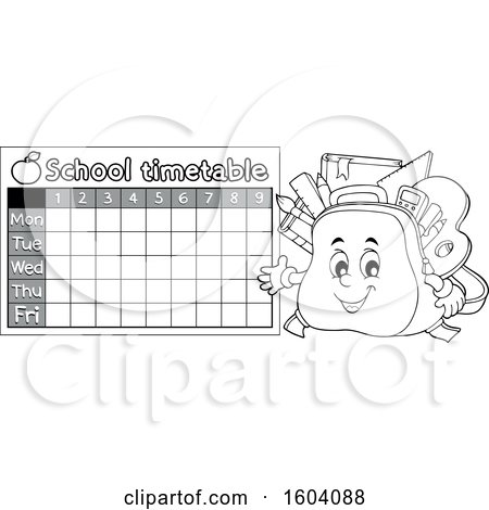 Clipart of a Grayscale School Timetable with a Bag Mascot - Royalty Free Vector Illustration by visekart