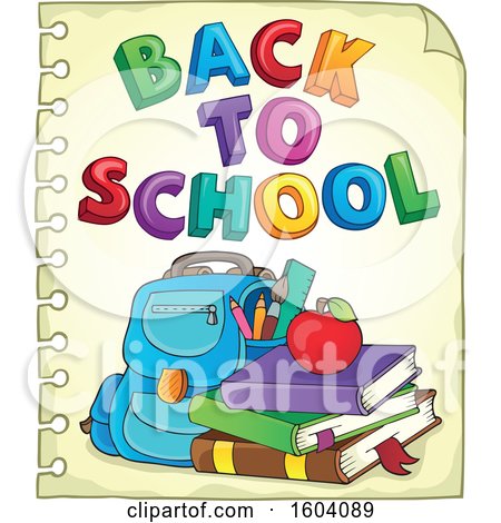 Clipart of a Book Bag with Back to School Text on Ruled Paper - Royalty Free Vector Illustration by visekart