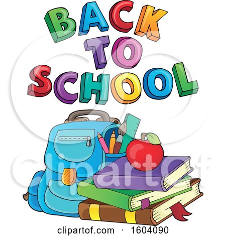 Clipart of a Book Bag and Supplies with Back to School Text - Royalty Free Vector Illustration by visekart