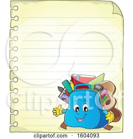 Clipart of a School Bag Mascot on a Sheet of Ruled Paper - Royalty Free Vector Illustration by visekart