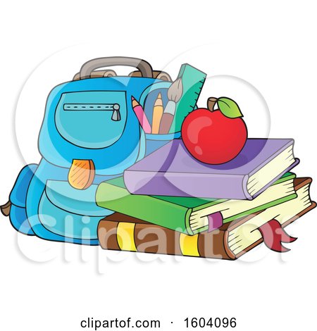 Clipart of a Bag with Books and an Apple - Royalty Free Vector Illustration by visekart