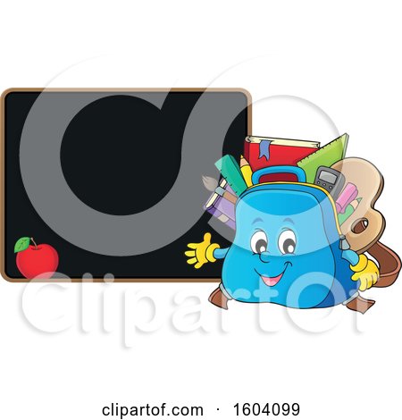 Clipart of a School Bag Mascot by a Blackboard - Royalty Free Vector Illustration by visekart