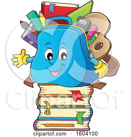 Clipart of a School Bag Mascot on a Stack of Books - Royalty Free Vector Illustration by visekart